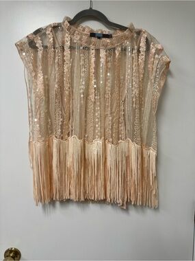Eva Franco Pale Peach Sequin Fringe Sheer Top
